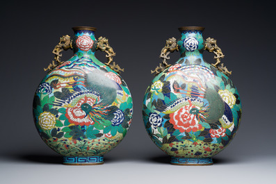 A pair of Chinese cloisonn&eacute; moon flask vases, 'bianhu', Jiaqing