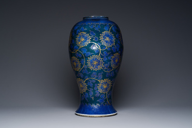A Chinese powder-blue vase with gilt lotus scrolls and a matching gilt cover, Kangxi