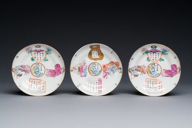 Three Chinese famille rose 'Wu Shuang Pu' covered cups and saucers, Tongzhi mark and of the period