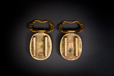 A pair of Chinese gilt-bronze belt ornaments with moss agate, Qianlong