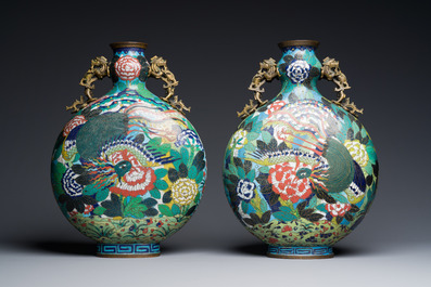 A pair of Chinese cloisonn&eacute; moon flask vases, 'bianhu', Jiaqing