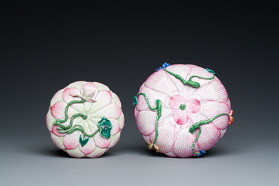 Two Chinese relief-decorated famille rose 'lotus' cups and saucers and two jugs, Yongzheng