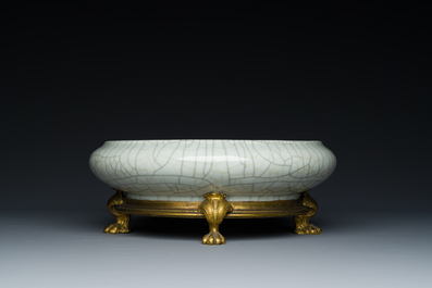 A Chinese ge-type crackle-glazed brush washer with gilt bronze mounts, Qianlong