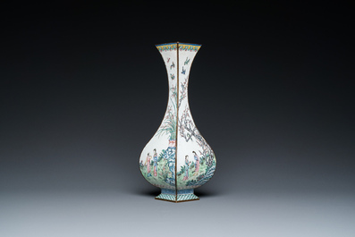 A Chinese lozenge-shaped Canton enamel 'Four gentlemen' vase, Qianlong mark and of the period