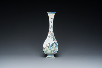 A Chinese lozenge-shaped Canton enamel 'Four gentlemen' vase, Qianlong mark and of the period