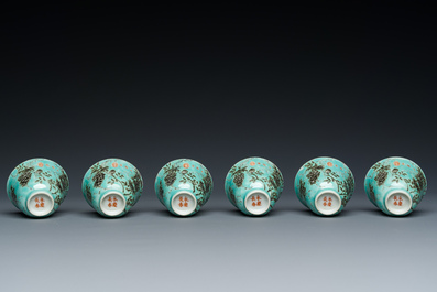 Twelve Chinese turquoise-ground grisaille-decorated Dayazhai wine cups, Yong Qing Chang Chun 永慶長春 mark, Guangxu
