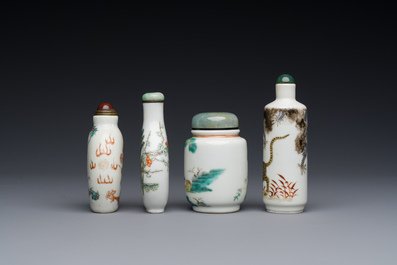 Four Chinese famille rose and verte snuff bottles, 19th C.