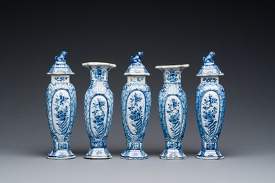 A small blue and white Dutch Delft garniture of five vases, 18th C.