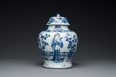 A Chinese blue and white vase and cover with ladies in a garden, Chenghua mark, Kangxi