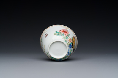 A rare Chinese semi-eggshell famille rose 'rooster' tea cup and saucer, Baiyun Shanren 白雲山人 seal mark, Yongzheng