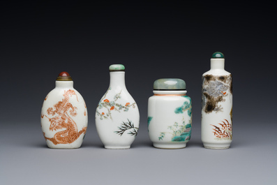 Four Chinese famille rose and verte snuff bottles, 19th C.