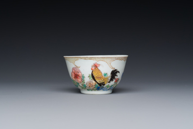 A rare Chinese semi-eggshell famille rose 'rooster' tea cup and saucer, Baiyun Shanren 白雲山人 seal mark, Yongzheng