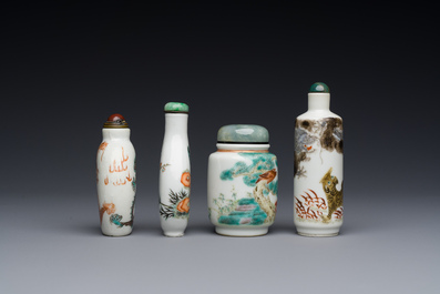 Four Chinese famille rose and verte snuff bottles, 19th C.