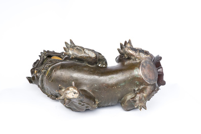 A rare Chinese inlaid bronze lion-form censer, Ming