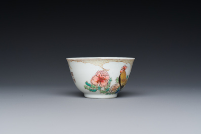 A rare Chinese semi-eggshell famille rose 'rooster' tea cup and saucer, Baiyun Shanren 白雲山人 seal mark, Yongzheng