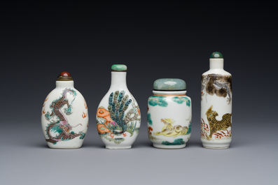 Four Chinese famille rose and verte snuff bottles, 19th C.