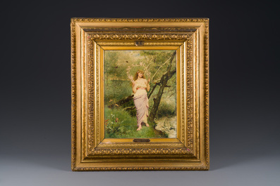 Jacques-Cl&eacute;ment Wagrez (Ecole fran&ccedil;aise, 1850-1908): 'Jeune femme &agrave; la guirlande', huile sur toile, dat&eacute;e 1881