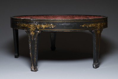 An exceptionally large Chinese Canton enamel rice table or sweetmeat set in its original Canton gilt-lacquered presentation table, 18/19th C.