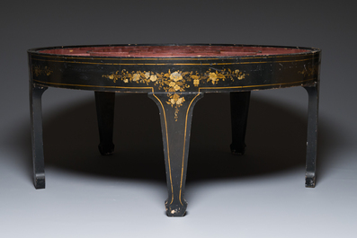 An exceptionally large Chinese Canton enamel rice table or sweetmeat set in its original Canton gilt-lacquered presentation table, 18/19th C.