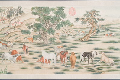 Chinese school, after Giuseppe Castiglione 郎世寧 (1688-1766): '100 horses', handscroll, ink and colour on paper, 18/19th C.