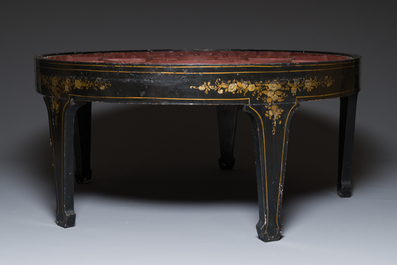 An exceptionally large Chinese Canton enamel rice table or sweetmeat set in its original Canton gilt-lacquered presentation table, 18/19th C.