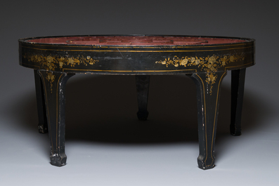 An exceptionally large Chinese Canton enamel rice table or sweetmeat set in its original Canton gilt-lacquered presentation table, 18/19th C.