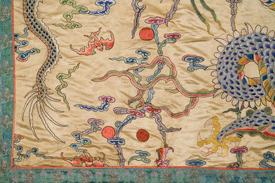 A large Chinese yellow-ground silk embroidery decorated with three five-clawed dragons, 19th C.