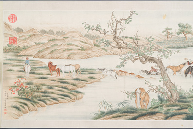 Chinese school, after Giuseppe Castiglione 郎世寧 (1688-1766): '100 horses', handscroll, ink and colour on paper, 18/19th C.