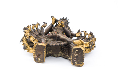 A Sino-Tibetan gilt bronze sculpture of Yamantaka, probably 17/18th C.