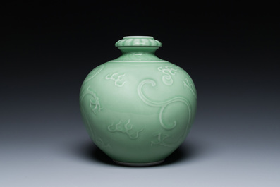 A Chinese monochrome celadon-glazed 'dragon' vase, 19th C.