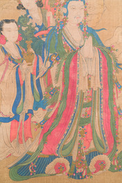 Chinese school: 'Bodhisattva with two servants', ink and colour on silk, 18/19th C.