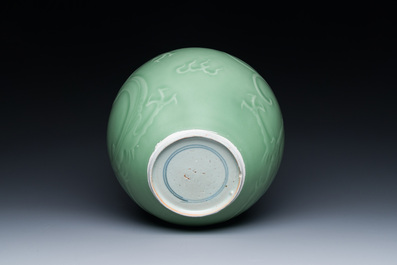 A Chinese monochrome celadon-glazed 'dragon' vase, 19th C.