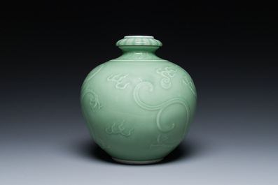 A Chinese monochrome celadon-glazed 'dragon' vase, 19th C.