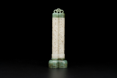 A Chinese reticulated white jade parfumier with spinach-green jade cover and base, Qing