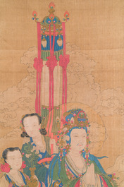 Chinese school: 'Bodhisattva with two servants', ink and colour on silk, 18/19th C.