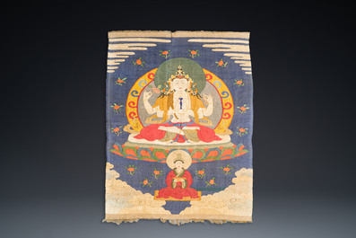 A Chinese kesi silk weaving depicting 'Buddha sitting on a lotus throne', Qing