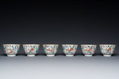 Six Chinese famille rose cups and saucers, Xianfeng mark and of the period