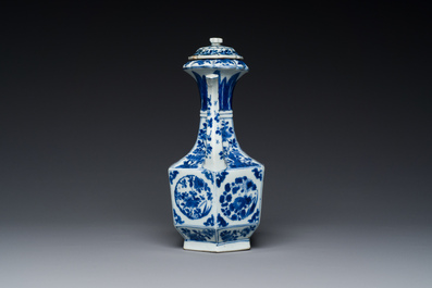 A rare Chinese hexagonal blue and white kendi and cover, Kangxi