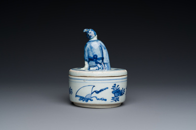 A Chinese blue and white ko-sometsuke incense burner for the Japanese market with a pipe smoker on the lid, Transitional period