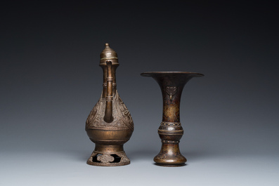 A Chinese bronze 'gu' vase and a bronze ewer and cover for the Islamic market, Ming