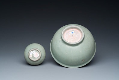 A Chinese celadon-glazed bottle vase and two bowls, Yuan/Ming