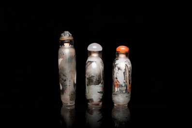 Three Chinese inside-painted glass snuff bottles, 20th C.