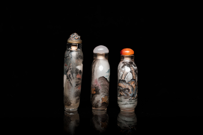 Three Chinese inside-painted glass snuff bottles, 20th C.