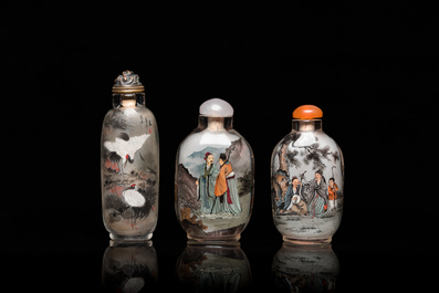 Three Chinese inside-painted glass snuff bottles, 20th C.