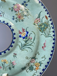 A large Chinese green-ground Canton enamel warming bowl with floral design, 18th C.