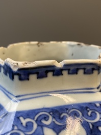 A pair of Chinese blue and white hexagonal vases, Transitional period
