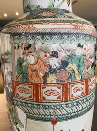 A fine Chinese famille verte 'Romance of the Three Kingdoms' rouleau vase, Kangxi