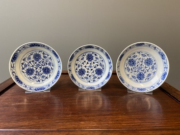 Three Chinese blue and white 'lotus scroll' plates, Guangxu mark and of the period