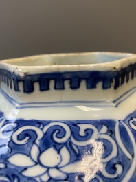 A pair of Chinese blue and white hexagonal vases, Transitional period