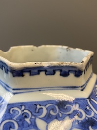 A pair of Chinese blue and white hexagonal vases, Transitional period